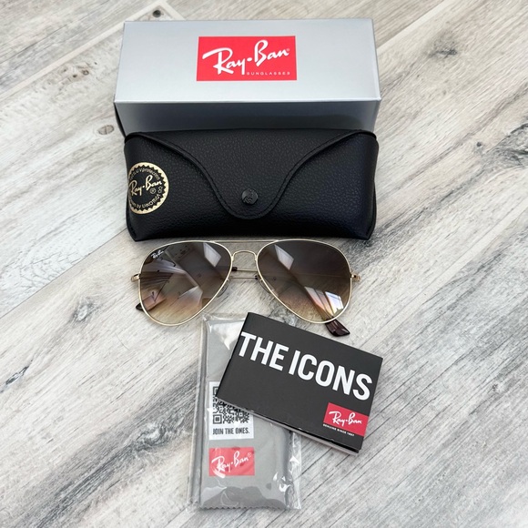 Ray-Ban Gold Gradient Brown Aviator Unisex Sunglasses 58MM - Picture 1 of 15